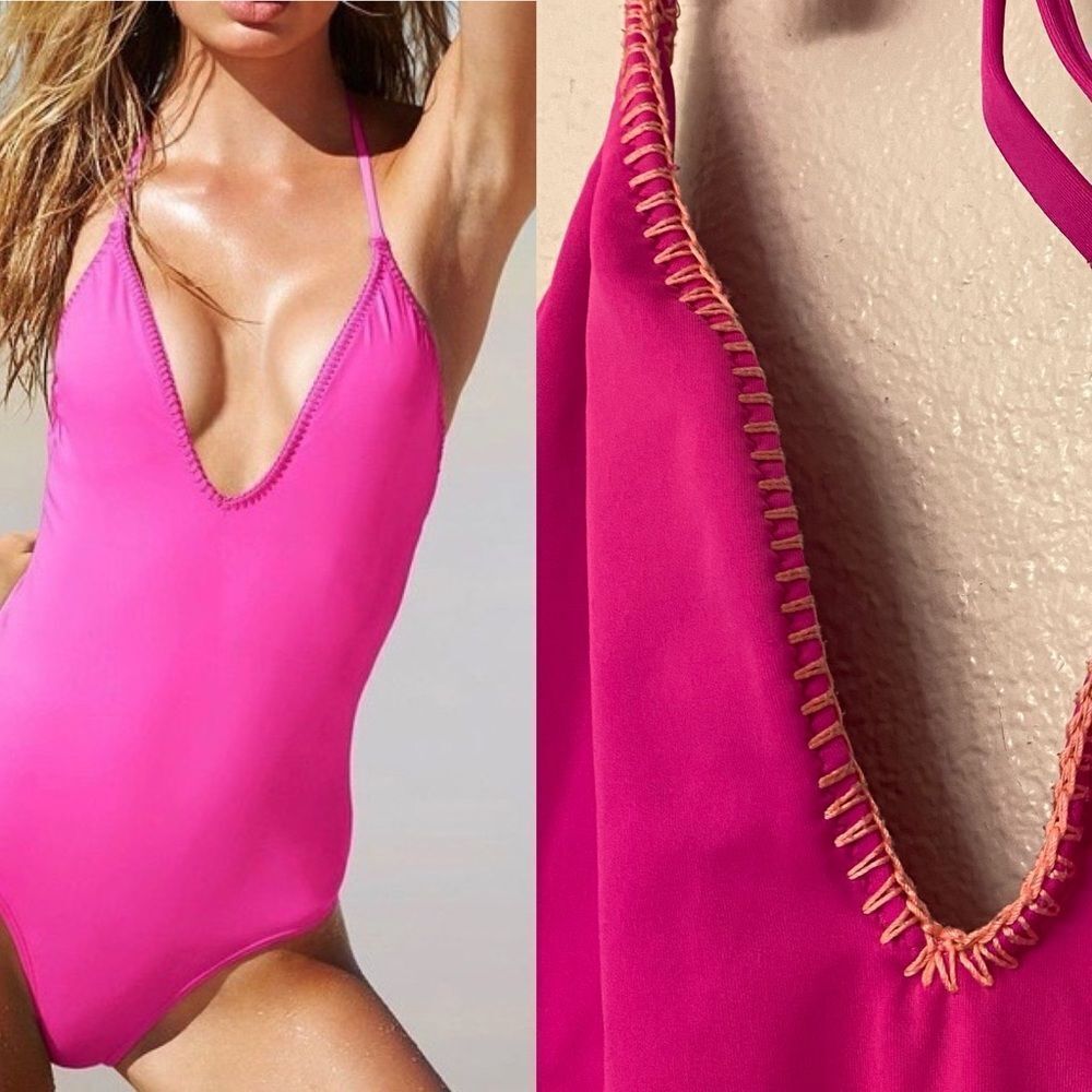 Victoria’s Secret hot Pink low cut thick Stitch One Piece swim bathing suit L